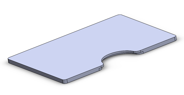 CAD model of the ergonomic desktop showing stand-in cutout geometry
