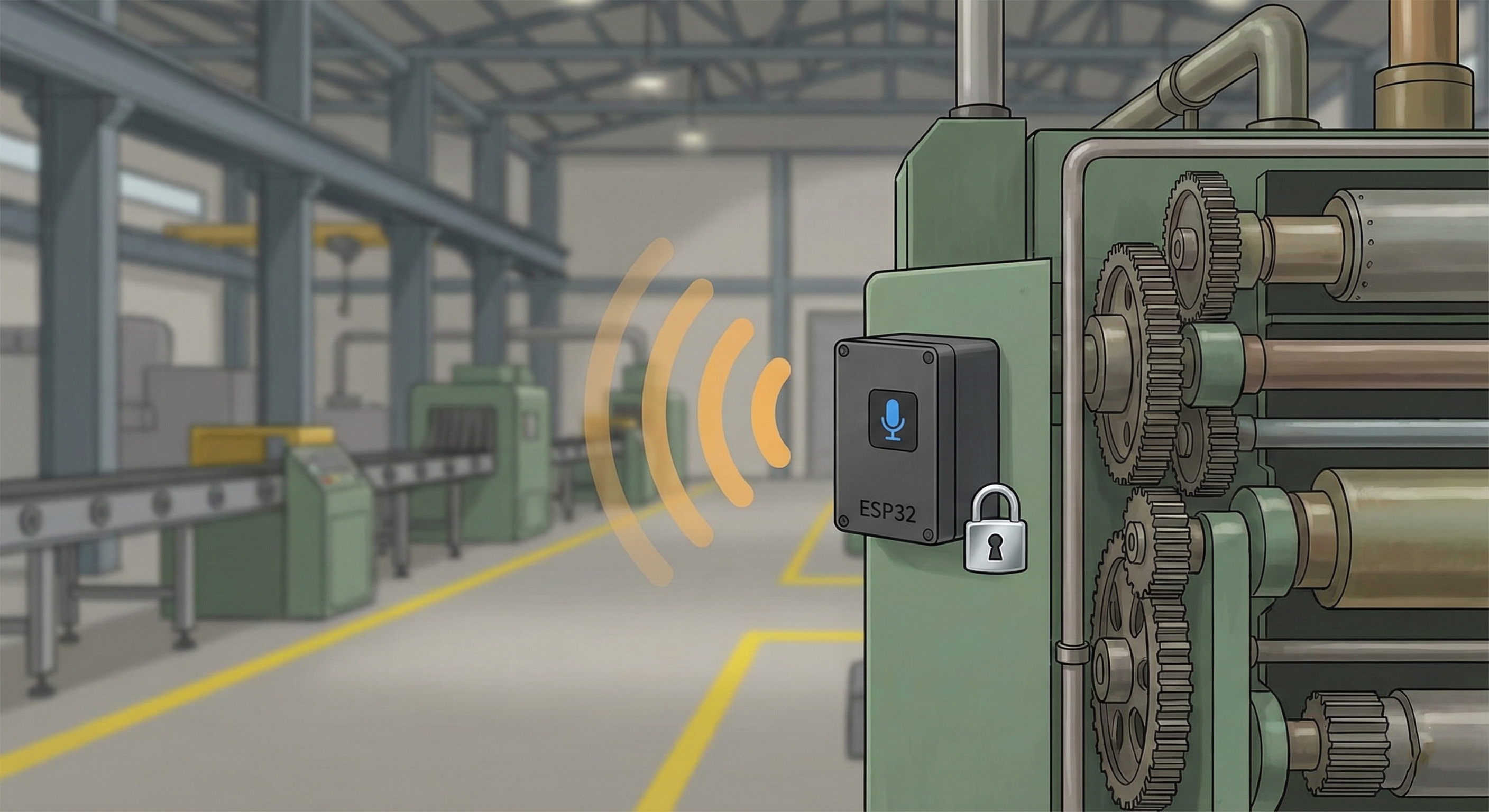 Illustration of an ESP32 audio monitoring node on industrial machinery.